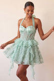 Halter A-Line Mint Green Sheer Corset Party Dress with Ruffles