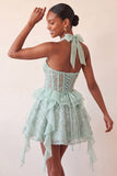 Halter A-Line Mint Green Sheer Corset Party Dress with Ruffles