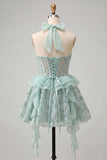 Halter A-Line Mint Green Sheer Corset Party Dress with Ruffles
