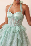 Halter A-Line Mint Green Sheer Corset Party Dress with Ruffles
