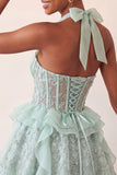Halter A-Line Mint Green Sheer Corset Party Dress with Ruffles