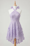 Lilac Halter A-Line Beaded Floral High Low Cocktail Dress with Lace Up Back