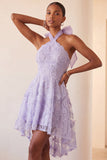 Lilac Halter A-Line Beaded Floral High Low Cocktail Dress with Lace Up Back