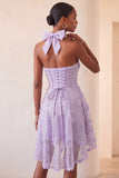 Lilac Halter A-Line Beaded Floral High Low Cocktail Dress with Lace Up Back