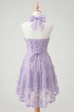 Lilac Halter A-Line Beaded Floral High Low Cocktail Dress with Lace Up Back