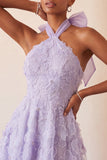 Lilac Halter A-Line Beaded Floral High Low Cocktail Dress with Lace Up Back