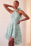 Lilac Halter A-Line Beaded Floral High Low Cocktail Dress with Lace Up Back