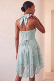 Lilac Halter A-Line Beaded Floral High Low Cocktail Dress with Lace Up Back