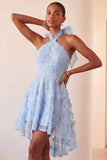 Lilac Halter A-Line Beaded Floral High Low Cocktail Dress with Lace Up Back
