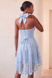 Lilac Halter A-Line Beaded Floral High Low Cocktail Dress with Lace Up Back