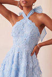 Lilac Halter A-Line Beaded Floral High Low Cocktail Dress with Lace Up Back