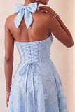 Lilac Halter A-Line Beaded Floral High Low Cocktail Dress with Lace Up Back