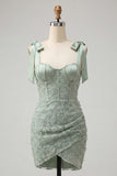 Dusty Sage Corset Bodycon Bowed Straps Cocktail Dress with Lace Up Back