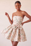 Strapless Dusty Blue Floral A-Line Jacquard Lace Up Back Party Dress with Bow