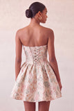 Strapless Dusty Blue Floral A-Line Jacquard Lace Up Back Party Dress with Bow