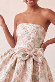 Strapless Dusty Blue Floral A-Line Jacquard Lace Up Back Party Dress with Bow