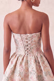 Strapless Dusty Blue Floral A-Line Jacquard Lace Up Back Party Dress with Bow