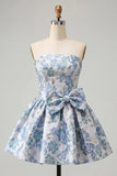 Strapless Dusty Blue Floral A-Line Jacquard Lace Up Back Party Dress with Bow