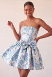 Strapless Dusty Blue Floral A-Line Jacquard Lace Up Back Party Dress with Bow