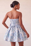 Strapless Dusty Blue Floral A-Line Jacquard Lace Up Back Party Dress with Bow