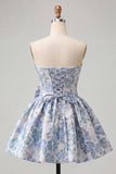 Strapless Dusty Blue Floral A-Line Jacquard Lace Up Back Party Dress with Bow