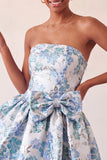 Strapless Dusty Blue Floral A-Line Jacquard Lace Up Back Party Dress with Bow