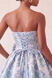 Strapless Dusty Blue Floral A-Line Jacquard Lace Up Back Party Dress with Bow