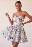 Strapless Dusty Blue Floral A-Line Jacquard Lace Up Back Party Dress with Bow