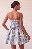 Strapless Dusty Blue Floral A-Line Jacquard Lace Up Back Party Dress with Bow