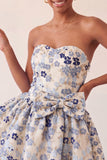 Strapless Dusty Blue Floral A-Line Jacquard Lace Up Back Party Dress with Bow