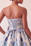 Strapless Dusty Blue Floral A-Line Jacquard Lace Up Back Party Dress with Bow