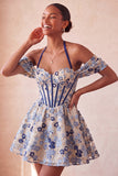 Halter Light Pink Floral A-Line Corset Graduation Dress with Lace Up Back