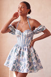 Halter Light Pink Floral A-Line Corset Graduation Dress with Lace Up Back
