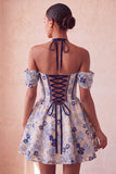 Halter Light Pink Floral A-Line Corset Graduation Dress with Lace Up Back