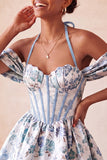 Halter Light Pink Floral A-Line Corset Graduation Dress with Lace Up Back