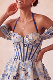 Halter Light Pink Floral A-Line Corset Graduation Dress with Lace Up Back