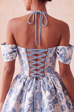 Halter Light Pink Floral A-Line Corset Graduation Dress with Lace Up Back