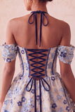 Halter Light Pink Floral A-Line Corset Graduation Dress with Lace Up Back