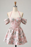 Halter Light Pink Floral A-Line Corset Graduation Dress with Lace Up Back