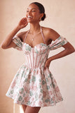 Halter Light Pink Floral A-Line Corset Graduation Dress with Lace Up Back