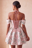 Halter Light Pink Floral A-Line Corset Graduation Dress with Lace Up Back