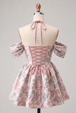 Halter Light Pink Floral A-Line Corset Graduation Dress with Lace Up Back