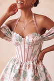 Halter Light Pink Floral A-Line Corset Graduation Dress with Lace Up Back