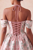 Halter Light Pink Floral A-Line Corset Graduation Dress with Lace Up Back