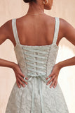 Pink Jacquard A-Line Lace Up Back Short Graduation Dress with Bows