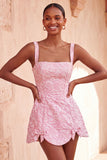 Pink Jacquard A-Line Lace Up Back Short Graduation Dress with Bows