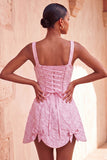 Pink Jacquard A-Line Lace Up Back Short Graduation Dress with Bows