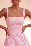 Pink Jacquard A-Line Lace Up Back Short Graduation Dress with Bows