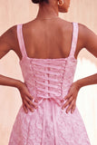 Pink Jacquard A-Line Lace Up Back Short Graduation Dress with Bows