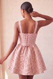 A-Line Jacquard Yellow Floral Lace Up Back Homecoming Dress with Bow
